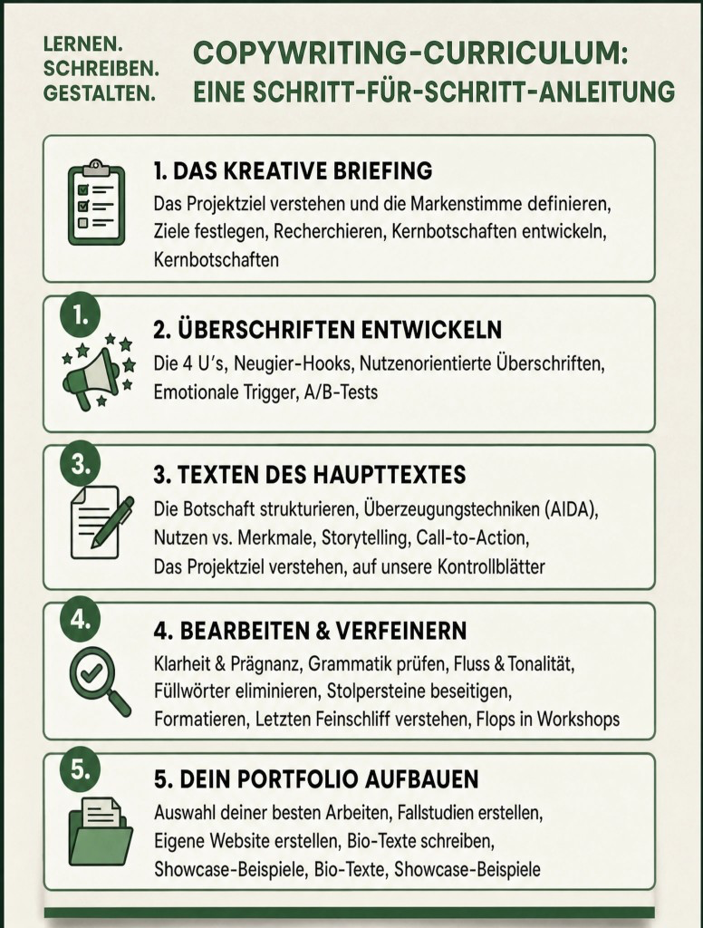 Copywriting-Curriculum: fünf Schritte von Briefing bis Portfolio