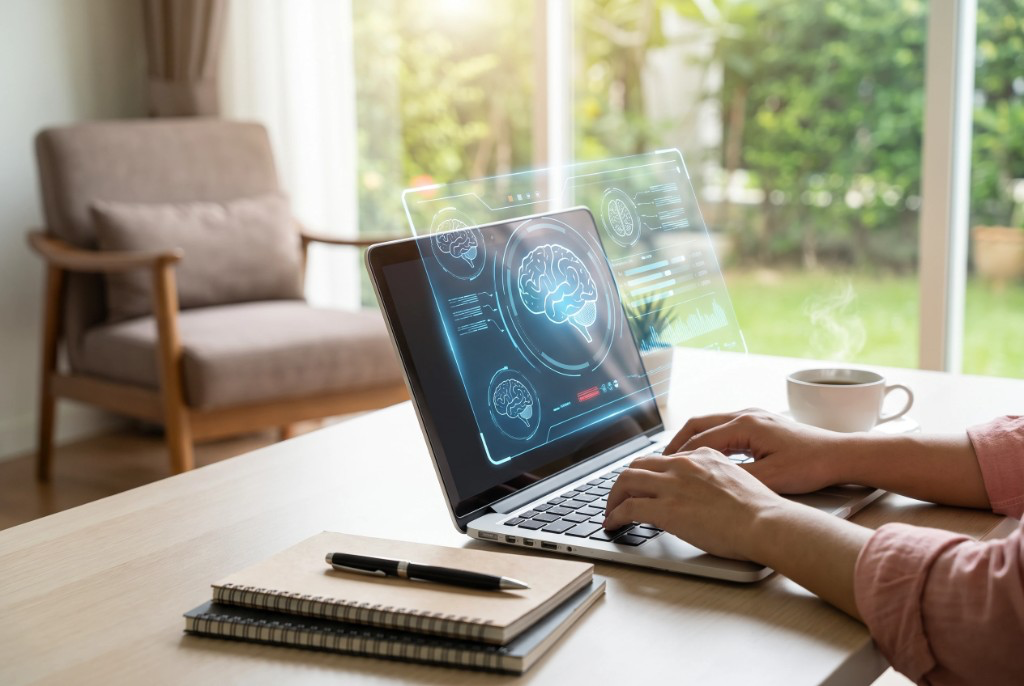 Arbeiten von zu Hause: Laptop mit KI-Interface für Copywriting und Analyse